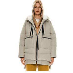 OROLAY Women Puffer Down Parka L Beige Hooded Winter Coat Windproof Thickened